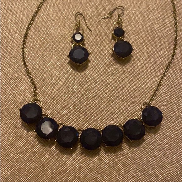 Navy Blue and Gold Tone Necklace with Earrings - Picture 1 of 4